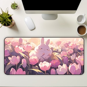 Kawaii Bunny Desk Mat: Pink Tulips, Anime Mousepad