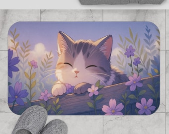 Kawaii Sleeping Kitten Bath Mat, Cute Cat Floral Bathroom Rug, Pastel Anime Home Decor, Cozy Soft Non Slip Bath Rug Gift