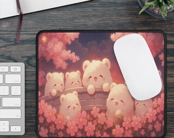Kawaii Bear Sakura Mouse Pad, Pastel Cherry Blossom Desk Mat, Cute Cozy Anime Desk Decor