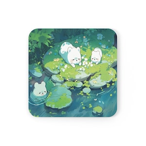 Anime Animal Kawaii Coaster Set, Green Pond Theme Drink Coasters, Cute Anime Lover Gift Coasters, Coastal Home Decor