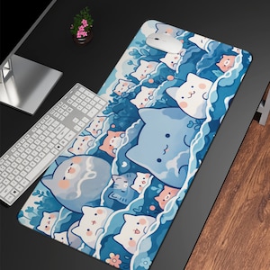 Kawaii Cats Desk Mat, Desk Mat Aesthetic, Cute Blue Pastel Ocean Gaming Mouse Pad, Gamer Girl Desk Accessories, Cute Desk Office Decor