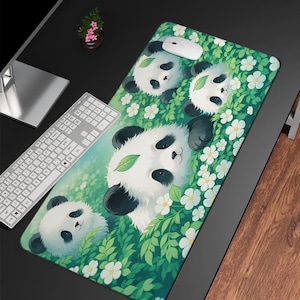 Desk Mat Aesthetic, Cute Panda Mouse Pad, Cute Kawaii Green Deskmat, Kawaii Matching Desk Accessories, Cute Anime Desk Mat Aesthethic