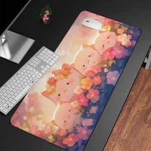 Cute Gaming Mousepad, Kawaii Large Desk Mat, Cute Cats with Flowers Mouse Pad Pastel, Cute Desk Decor, Computer Keyboard Office Accessories