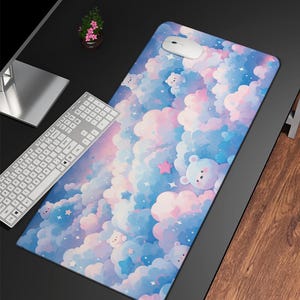 Bewölkter Himmel Blau Pastell Schreibtischunterlage, süsses Kawaii Gaming Maus Pad, Schreibtisch Accessoires, Geschenk für Gamer, süsse Schreibtisch Dekoration, Kawaii Geschenk