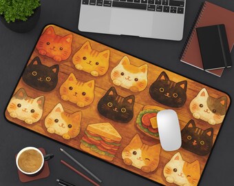 Podkładka na biurko z motywem kota, uroczy wzór kota, podkładka pod myszkę z kotami w stylu kawaii i kanapką, organizer biurowy, akcesorium na biurko, dekoracja do pracy w domu, podkładka pod klawiaturę