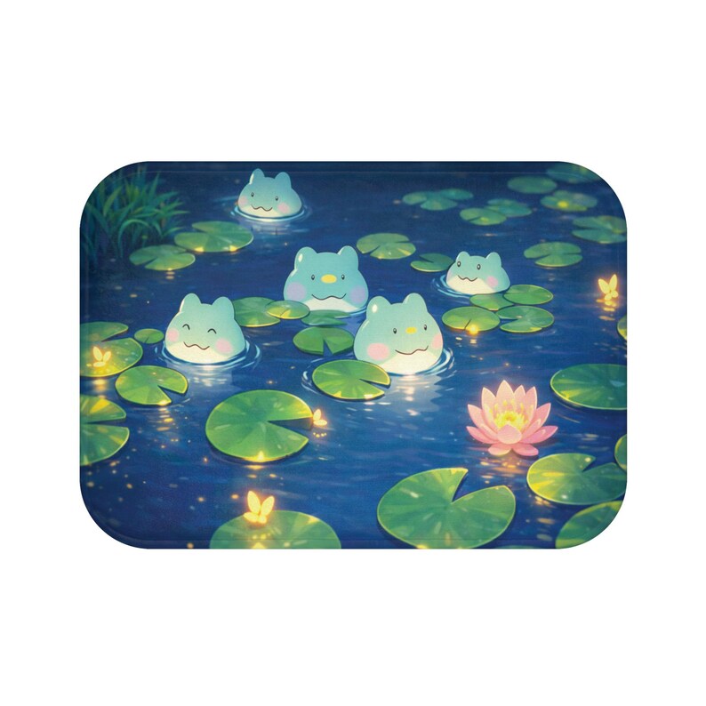 Kawaii Frog Bath Mat, Cute Lily Pad Bathroom Rug, Glowing Night Pond ...