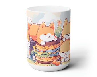 Kawaii Shiba Inu Mugs 15oz, Cute Mugs Aesthetic, White Ceramic Mug, Cute Mug for Gifts, Cute Mug for Desk Decor