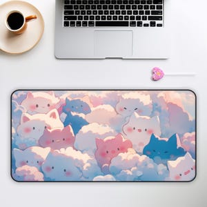 Kawaii Cat Desk Mat: Anime Pastel Clouds, Gaming Mousepad