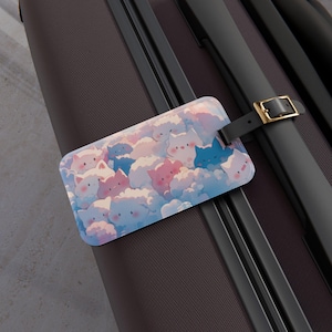 Etiqueta de equipaje con gatos kawaii en la nube, etiqueta para bolsa de viaje, etiqueta para mochila con un lindo gato, identificador de maleta de gatito anime, regalo para amantes de los gatos
