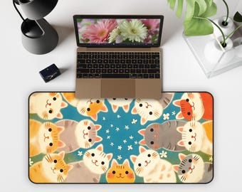 Cat Lover Desk Mat, Kawaii Kitty Faces, Large Mouse Pad, Non-Slip Gaming Mat, Aesthetic Office Desk Pad