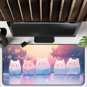 Kawaii Lofi Desk Mat, Kawaii Cats in the Rain Mousepad, Kawaii Cozy Desk Mat, Gaming Mouse Pad Deskpad, Cute Desk Mat, Cute Gaming Setup