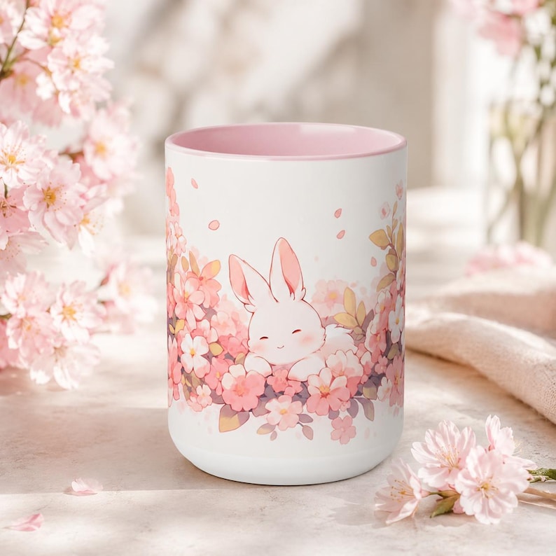 May include: A white ceramic mug with a light pink interior, featuring a graphic illustration of a small white rabbit resting among a cluster of soft pink cherry blossoms. The design wraps around the exterior, showcasing delicate floral petals.
