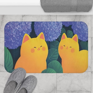 Kawaii Cats Bath Mat with Hydrangeas, Cute Bathroom Rug, Cat Lover Gift, Animal Print Home Decor, Non-Slip Shower Mat