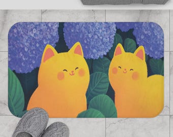 Tapis de bain chats kawaii : tapis de salle de bain hortensia, cadeau pour amoureux des chats