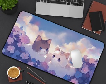 Tapis de bureau chat kawaii - Fleur mauve, tapis de souris de jeu
