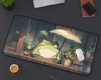 Cute Anime Frog Desk Mat, Kawaii Frog in the Rain Mouse Pad, Cute Gaming Mouse Pad, Cute Desk Decor, Gift for Frog Lovers, Animal Mouse Pad