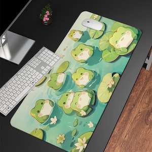 Kawaii Frogs Desk Mat, Desk Mat Aesthetic, Green Pastel Color Mouse Pad, Gamer Girl Desk Accessories, Cute Kawaii Desk Office Decor