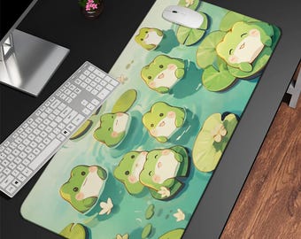 Kawaii Frogs Desk Mat, Desk Mat Aesthetic, Green Pastel Color Mouse Pad, Gamer Girl Desk Accessories, Cute Kawaii Desk Office Decor