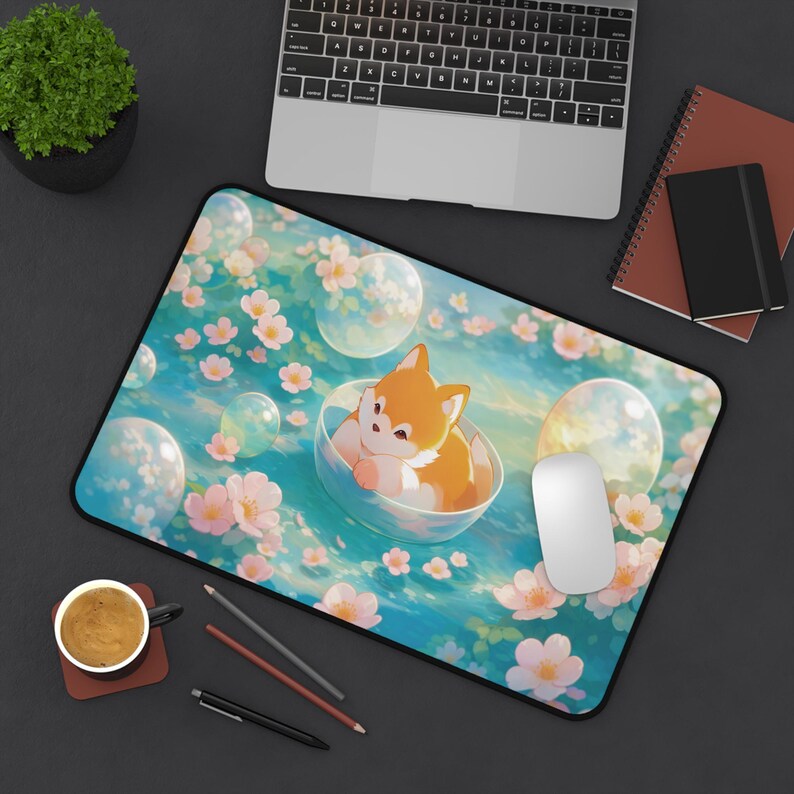 Kawaii Fox Sakura Desk Mat, Cute Floating Fox Mouse Pad, Pastel Spring Floral Desk Pad, Cozy Anime Aesthetic Desk Decor, Gift for Fox Lovers image 3