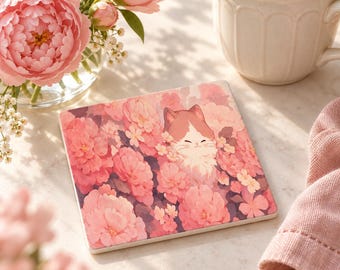 May include: A square coaster featuring a soft-focus illustration of a small cat with brown and white fur peeking out from a dense cluster of pink peony flowers. The artwork uses a warm, pastel color palette with shades of light pink, peach, and cream.