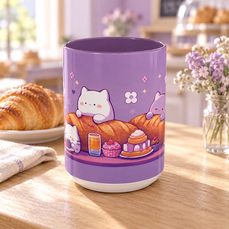 Pu&ograve; includere: Una tazza cilindrica viola con un'illustrazione grafica di gatti bianchi e viola chiaro che interagiscono con vari prodotti da forno, tra cui una baguette, cupcake e un piccolo bicchiere di succo d'arancia, decorata con piccole icone di fiori.