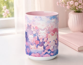 かわいい動物柄の15オンスコーヒーカップ、かわいい猫のピンクのセラミックマグ、アイスクリームマグ、誕生日や新築祝いのギフト、かわいいデスクデコレーション
