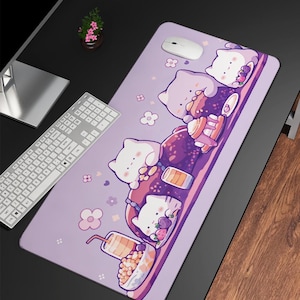 Cute Animal Desk Mat, Kawaii Cat Large Mouse Pad, Pastel Purple Mouse Pad, Large Gaming Mouse Pad, Cat Lover Gift, Adorable Chibi Aesthetic