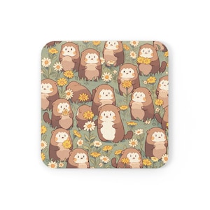 Cork Back Coaster, Cute Groundhogs with Daisy Flowers Coaster, Kawaii Coasters, Cute Coasters for Desk, Kawaii Desk Decor