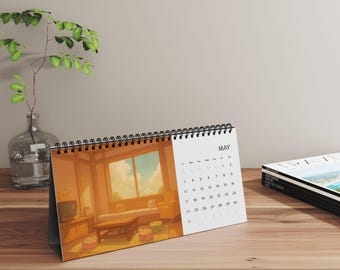 Calendario de escritorio con paisajes de anime 2026, calendario kawaii lofi con adorables peluches, 4 estaciones, regalo de arte paisajístico, decoración para el hogar y la oficina.
