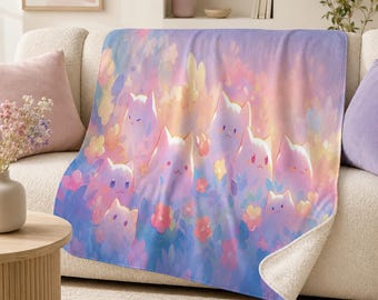 Kawaii Pink Cats Fleece Sherpa Blanket, Pastel Bedding