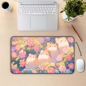 Kawaii Schreibtischmatte, Kawaii Anime Tier Blumen Pastell Design, süsses Mauspad, Büromaterial, Schreibtischzubehör, süsse Spielmatte