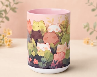 かわいいピンクの猫マグカップ（植物柄）、15オンスのパステルカラーのセラミックコーヒーカップ、居心地の良いドリンクウェア
