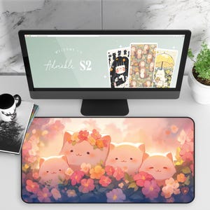Cute Gaming Mousepad, Kawaii Large Desk Mat, Cute Cats with Flowers Mouse Pad Pastel, Cute Desk Decor, Computer Keyboard Office Accessories