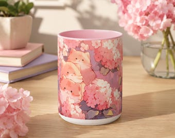 Taza Kawaii de Gato: Taza de café de cerámica rosa pastel estilo chibi (444 ml)
