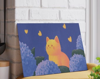 Glazen snijplank Kawaii Cat: oranje kat en hortensia's