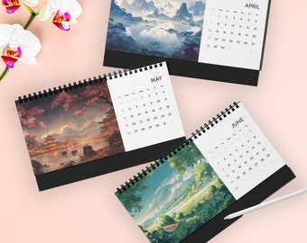 Kawaii Anime Landscape Desk Calendar, 4 Seasons, Cute Home Office Decor, Desktop Calendar 2024, Grid Desk Calendar Decor