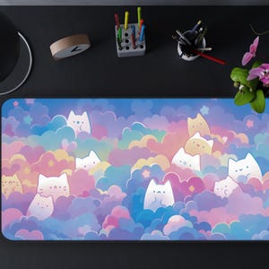 Kawaii Desk Mat, Rainbow Pastel Color with Cute Cats, Cute Kitty Mouse Pad, Office Desk Accessories, Work from Home Decor, Cat Lover Gift