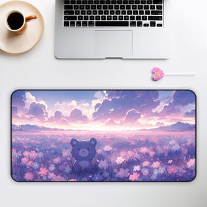 Süße ästhetische Schreibtischunterlage, Bär Kawaii Anime Landschaft, Gaming Maus Pad, Schreibtisch Accessoires Bürodekoration, süße Schreibtischunterlage