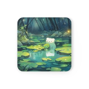 Kawaii Anime Animal Square Coaster, Green Pond Theme Drink Coasters, Mystic Forest Decor, Cute Home Accessories, Cute Kawaii Desk Decor
