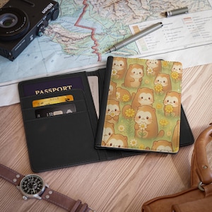 Capa para passaporte com estampa de animais kawaii, carteira de viagem floral fofa, porta-passaporte com estampa de animais em tons pastel, acessório de viagem adorável, presente para fãs de anime.
