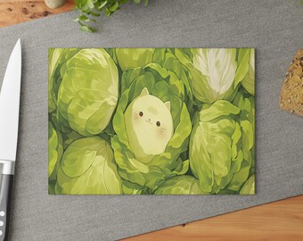 Glazen snijplank, schattige kat met kool, keukendecor, kawaii kat, foodiecadeau, snijplank, cadeau kattenliefhebber, unieke snijplank