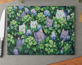 Glazen snijplank, kawaii katten met planten ontwerp, kattenliefhebber cadeau, keukendecor, schattige glazen snijplank, uniek housewarmingcadeau