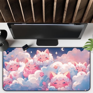 Kawaii Cloud Kitty Desk Mat: Fluffy Pink Cats, Pastel Gaming Mouse Pad