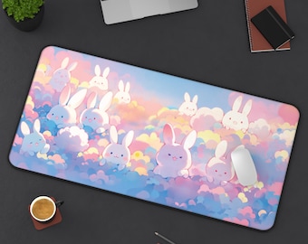 Pink Pastel Bunny Clouds Desk Mat: Kawaii Lofi Gaming Mousepad