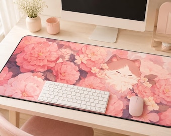 Tappetino per mouse da gioco carino, tappetino da scrivania grande in stile kawaii, tappetino per mouse con gatto e camelia rosa pastello, decorazione carina per la scrivania, accessori per tastiera e ufficio.
