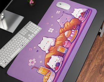 Alfombrilla de escritorio con diseño de animalito, alfombrilla grande de ratón con diseño de gato kawaii, alfombrilla de ratón morada pastel, alfombrilla grande para juegos, regalo para amantes de los gatos, adorable estética chibi.