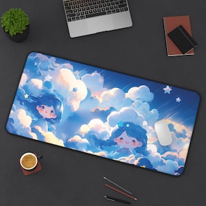 Blue Cloud Desk Mat, Anime Girl Keyboard Pad, Kawaii Gaming Accessories, Cute Office Supplies Work Desk, Work From Home Mouse Pad Decor