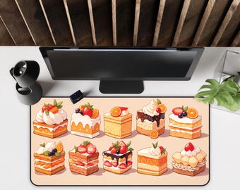 Puede incluir: Una alfombrilla de escritorio rectangular con un patrón repetitivo de diez porciones de pastel cuadradas decoradas con varias frutas, incluyendo fresas, naranjas y arándanos, cubiertas con nata montada y sirope de chocolate.