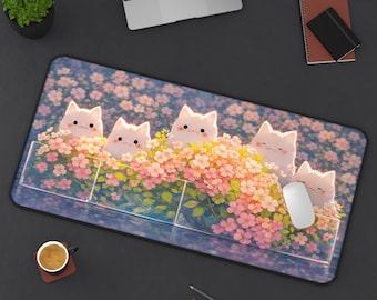 Alfombrilla de escritorio con diseño de gatos kawaii: alfombrilla grande para juegos con diseño floral