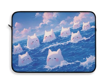 Funda para portátil con diseño de gato oceánico kawaii, funda acolchada con diseño de gato marino pastel, ideal como regalo para amantes de los gatos.